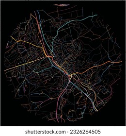 Map of MendenSauerland, North Rhine-Westphalia with all major and minor roads, railways and waterways. Colorful line art on black background.