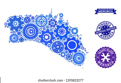 Map of Menorca Island composed with blue engine symbols, and isolated rubber seals for official repair services. Vector abstract collage of map of Menorca Island with mechanics symbols in blue shades.