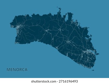 El mapa de la isla de Menorca se muestra en una paleta azul monocromática. La forma de la isla está claramente definida, con detalles intrincados que muestran carreteras y áreas urbanas.