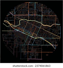 Map of Merced, California with all major and minor roads, railways and waterways. Colorful line art on black background.