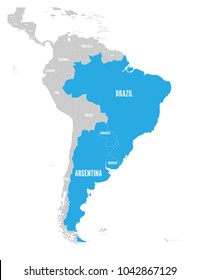 Map of MERCOSUR countires. South american trade association. Blue highlighted member states Brazil, Paraguay, Uruguay and Argetina. Since December 2016.