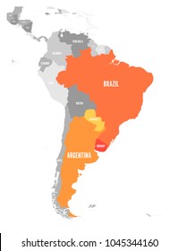 Map of MERCOSUR countires. South american trade association. Orange highlighted member states Brazil, Paraguay, Uruguay and Argetina. Since December 2016.