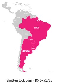 Map of MERCOSUR countires. South american trade association. Pink highlighted member states Brazil, Paraguay, Uruguay and Argentina. Since December 2016.