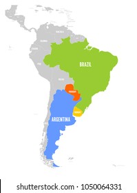 Map of MERCOSUR countires. South american trade association. Highlighted member states Brazil, Paraguay, Uruguay and Argetina. Since December 2016.