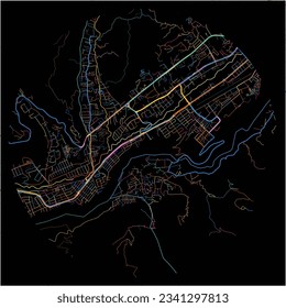 Map of Merida with all major and minor roads, railways and waterways. Colorful line art on black background.