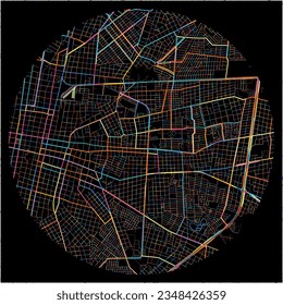 Map of Merida, Yucatán with all major and minor roads, railways and waterways. Colorful line art on black background.