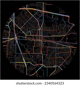 Map of Mesquite, Texas with all major and minor roads, railways and waterways. Colorful line art on black background.