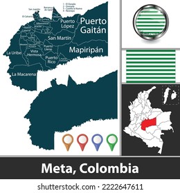 Map of Meta department with municipalities and location on Colombian map. Vector image
