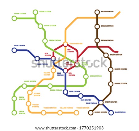 Map metro template illustration. Highspeed subway large number stations five multi kilometer directions each line highlighted with its own color concept modern underground travel. Vector clipart.