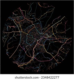 Map of Mettmann, North Rhine-Westphalia with all major and minor roads, railways and waterways. Colorful line art on black background.