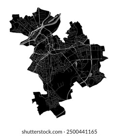 Hora en Metz, Francia. Mapa detallado del Vector de la ciudad, área metropolitana. Mapa de calles en blanco y negro con carreteras y agua.