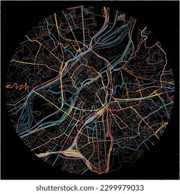 Map of Metz, Moselle with all major and minor roads, railways and waterways. Colorful line art on black background.