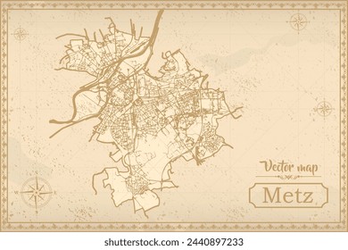 Map of Metz in the old style, brown graphics in retro fantasy style. city in France.