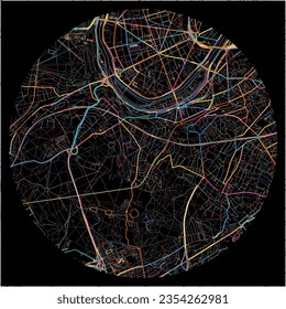 Map of Meudon, Hauts-de-Seine with all major and minor roads, railways and waterways. Colorful line art on black background.