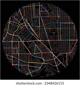 Map of Mexicali, Baja California with all major and minor roads, railways and waterways. Colorful line art on black background.