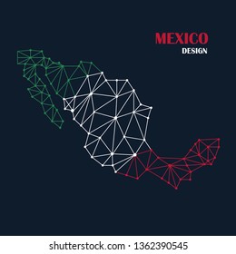 Map of Mexico from abstract lines of mash and dotted scales on a dark background in the national colors of the flag. 3D mesh polygonal line network. Vector illustration