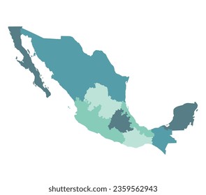 Mapa de México con regiones administrativas en azul. Regiones cartográficas de México.