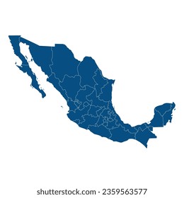 Map of Mexico with administrative regions in blue. Mexican map regions.