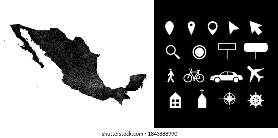 Map of Mexico administrative regions departments with icons. Map location pin, arrow, looking glass, signboard, man, bicycle, car, airplane, house. outline Mexican vector map.