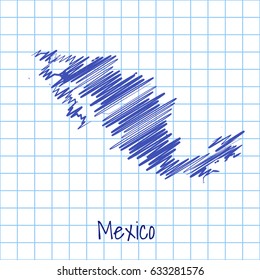 Map of Mexico, blue sketch abstract background. The hand drawn map on school grid background texture. scribble pan vector illustration