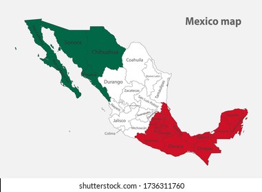 Mapa del México en los colores de la bandera con vector de divisiones administrativas