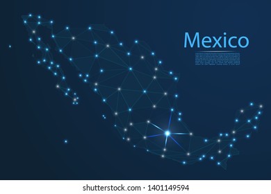 Map of Mexico connection. Vector low-poly image of a global map with lights in the form of cities or population density, consisting of points and shapes in the form of stars and space.