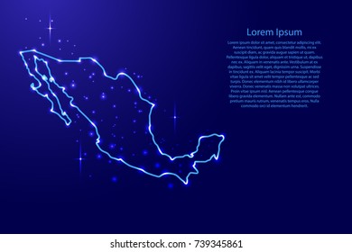 Map Mexico from the contours network blue, luminous space stars for banner, poster, greeting card, of vector illustration