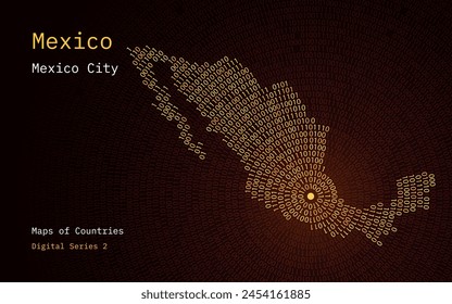Un mapa de México representado en ceros y unos en forma de círculo. La capital, Ciudad de México, se muestra en el centro del círculo	