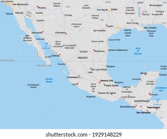 Map of Mexico. Map is drawn in high detail and for clarity shows only major cities. Country is drawn with neighboring countries.