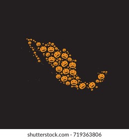 map of mexico filled with halloween pumpkin heads of different sizes on a black background