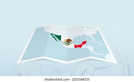 Map of Mexico with the flag of Mexico in the contour of the map on a trip abstract backdrop. Travel illustration.