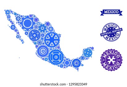 Map of Mexico formed with blue cog symbols, and isolated grunge seals for official repair services. Vector abstract collage of map of Mexico with repair symbols in blue shades.