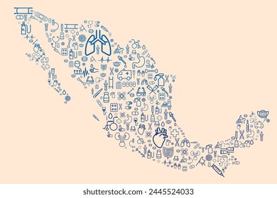 Mapa de México formado por íconos relacionados con la medicina y el sistema de salud