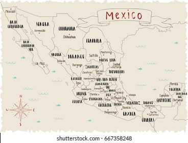 Map of Mexico. Line illustration.