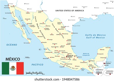 Map of Mexico with national borders, main cities and rivers