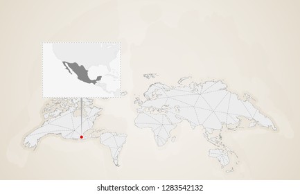 Map of Mexico with neighbor countries pinned on world map. Abstract triangles World Map.