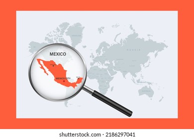 Map of Mexico on political world map with magnifying glass