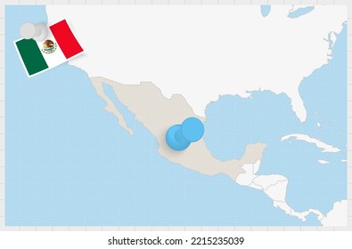 Map of Mexico with a pinned blue pin. Pinned flag of Mexico, vector illustration.