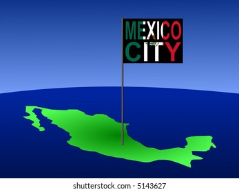 mapa de México con la posición de la Ciudad de México marcado por la ilustración de la bandera