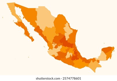 Map of Mexico with regions. Just a simple country border map with region division. Orange color palette. Plain United Mexican States shape with administrative division. Vector illustration.