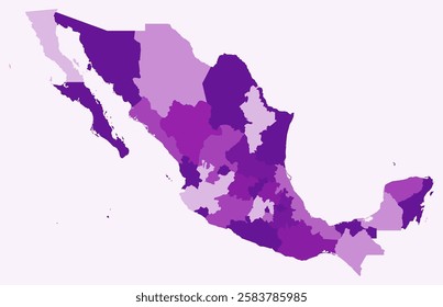 Map of Mexico with regions. Just a simple country border map with region division. Purple color palette. Plain United Mexican States shape with administrative division. Vector illustration.