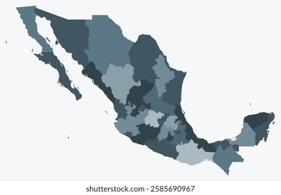 Map of Mexico with regions. Just a simple country border map with region division. Blue grey color palette. Plain United Mexican States shape with administrative division. Vector illustration.