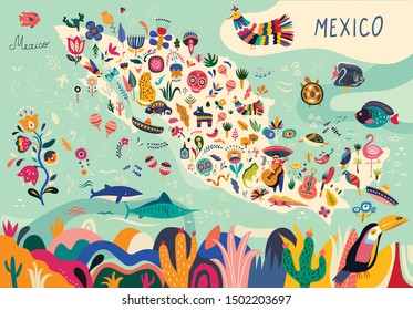 Map of Mexico with traditional symbols and decorative elements.