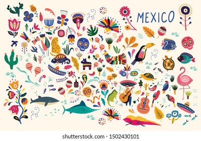 Map of Mexico with traditional symbols and decorative elements. Mexican decorative vector pattern. Map of Mexico with traditional symbols and decorative elements.