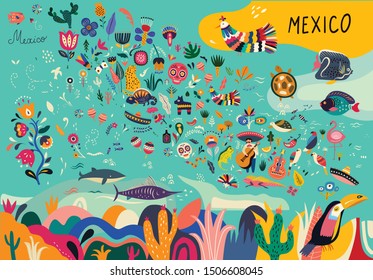 Map of Mexico with traditional symbols and decorative elements.