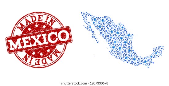 Map of Mexico vector mosaic and Made In grunge stamp. Map of Mexico formed with blue cog links. Made in red seal with grunge rubber texture.