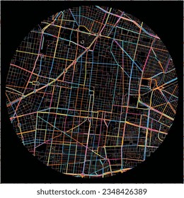 Map of MexicoCity, Mexico City with all major and minor roads, railways and waterways. Colorful line art on black background.