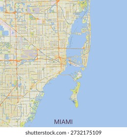 Map of Miami, Florida, showcasing its intricate network of roads, waterways, and urban development. The map features a clear depiction of the city's layout, including major highways, residential areas, and the prominent Biscayne Bay.