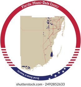 Map of Miami-Dade County in Florida, USA arranged in a circle.