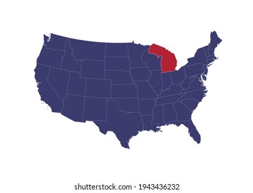 Map of Michigan. The map is colored in the colors of the US flag. Map shows the location of Michigan in the USA. This file is appropriate for digital editing and prints of all sizes.